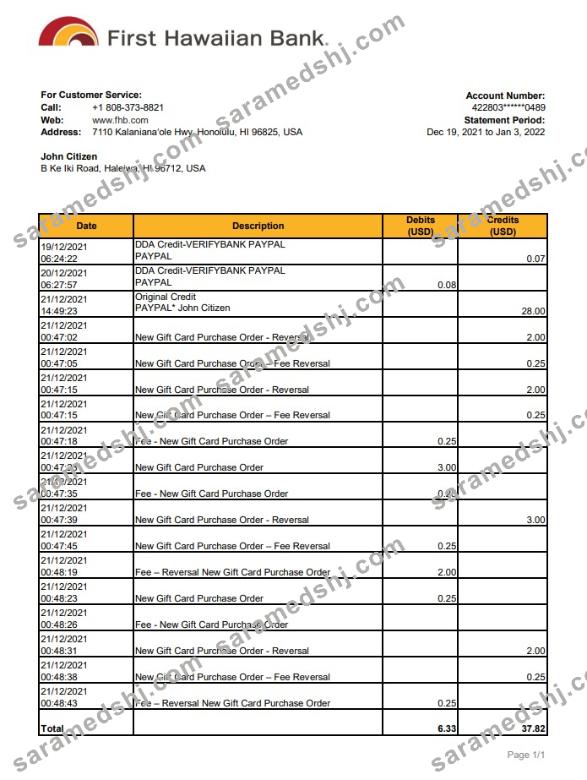Hawaii First Hawaiian Bank statement